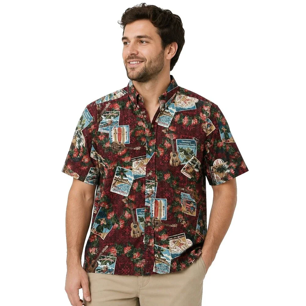 Reyn Spooner Mele Kalikimaka Vtg XMAS Santa Postcard Aloha Shirt Mens M Limited